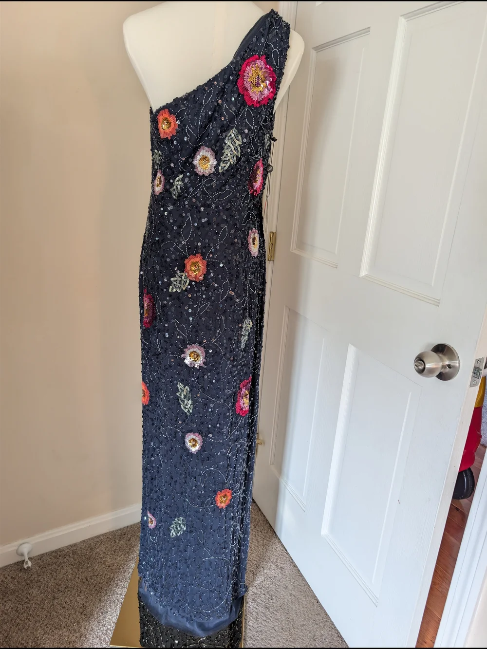 NWT Adrianna Papell One-Shoulder Floral Beaded Sequin Formal Gown Navy Size 8 - Picture 2 of 9